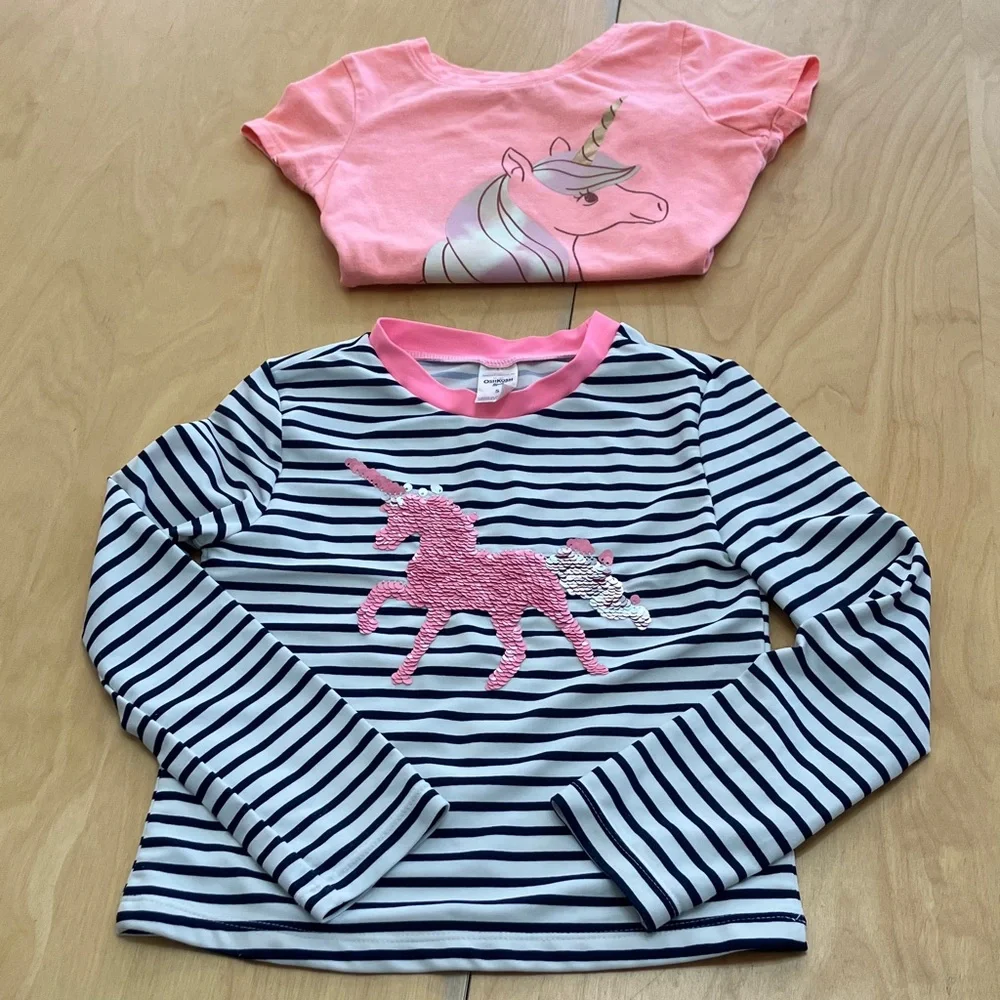 OshKosh B'gosh Pink Unicorn and Navy Striped Top size 5 plus Unicorn t-shirt